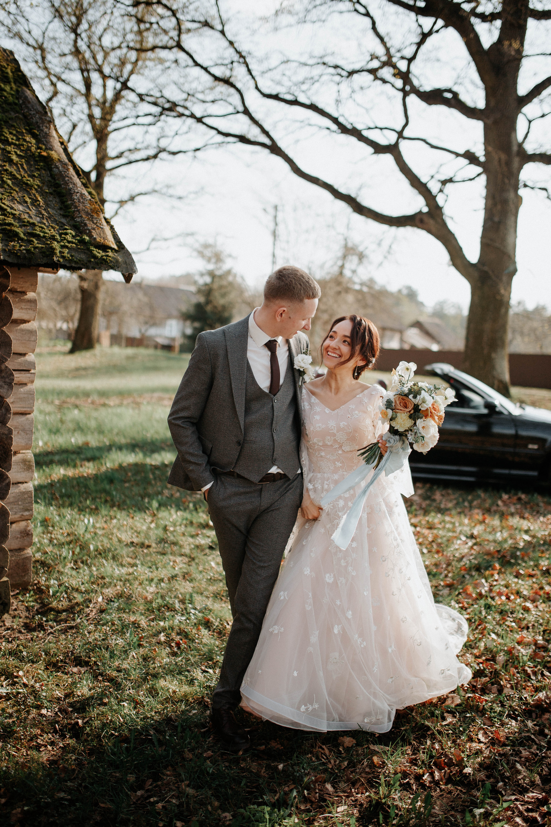 A Bride and Groom Walking Together 